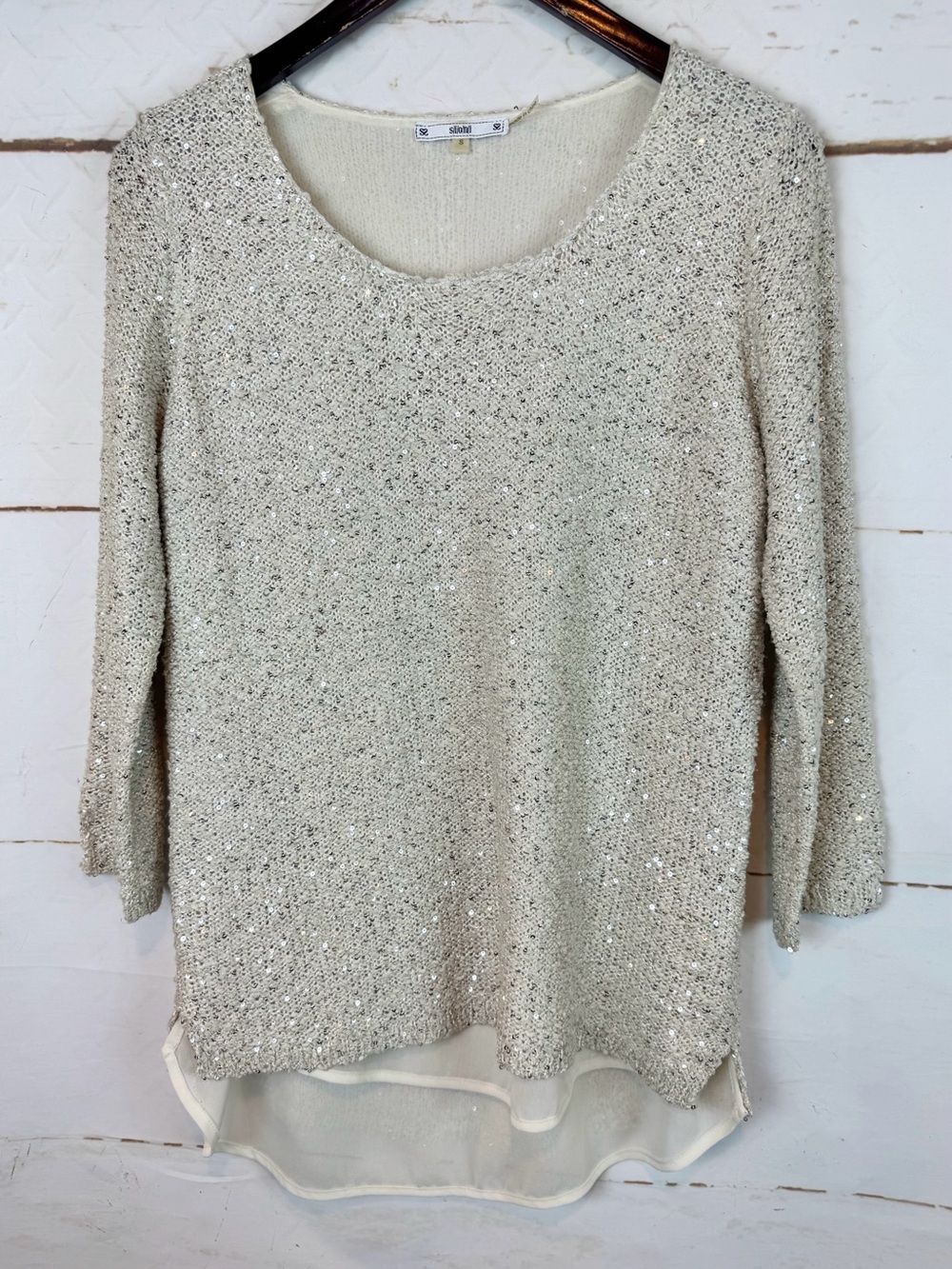 Sioni | Beige and Silver Sequin Combo Sweater, S